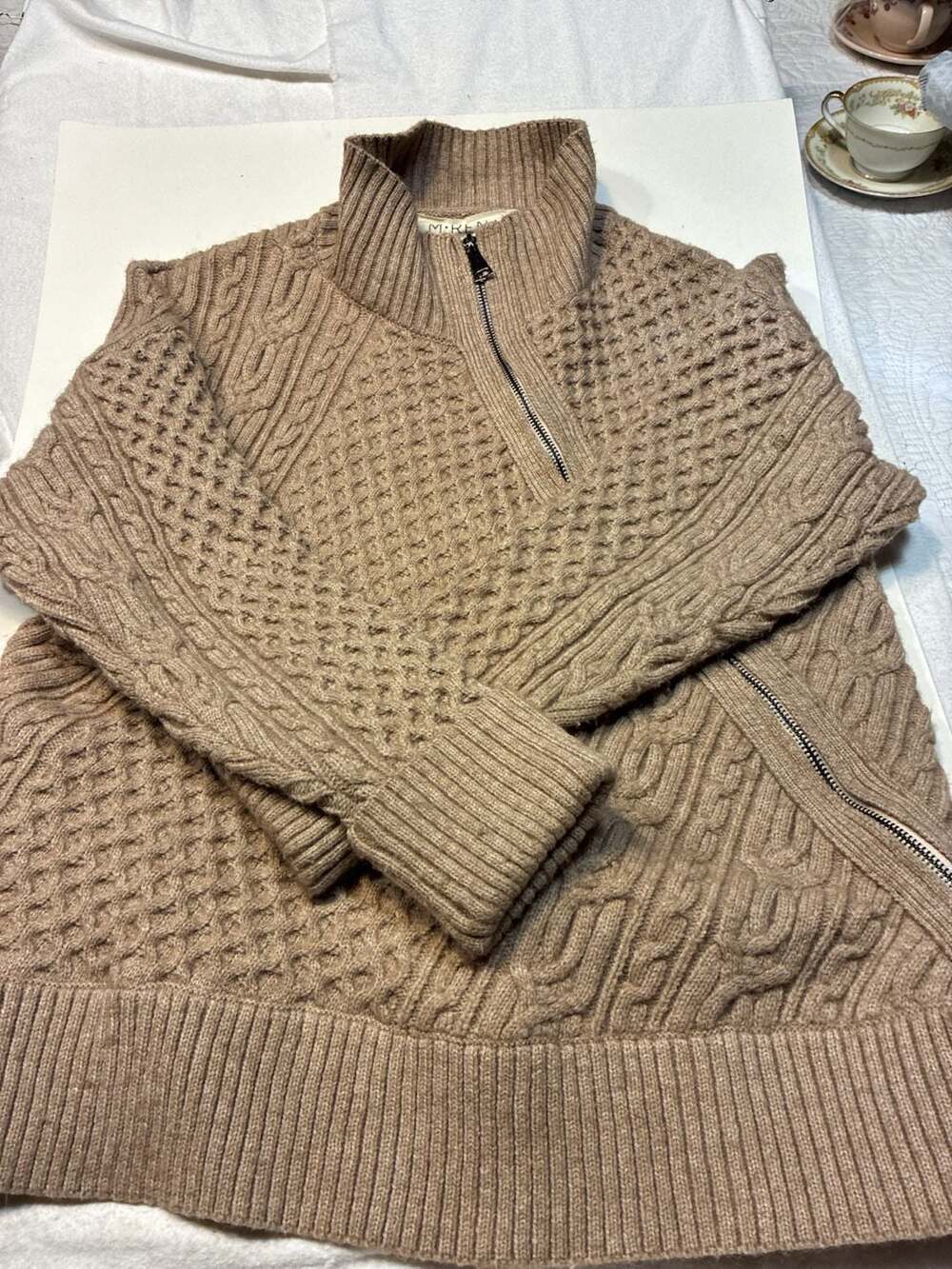 M.Rena Women's Tan Cable Knit Quarter Zip Pullover Sweater